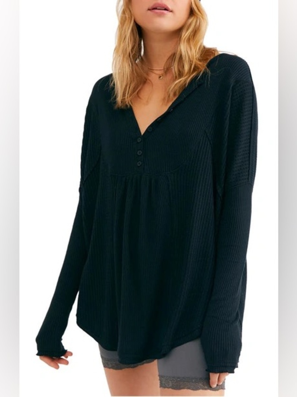 Free People Leo Waffle Knit Oversized Henley Button Top Black Raw Hem